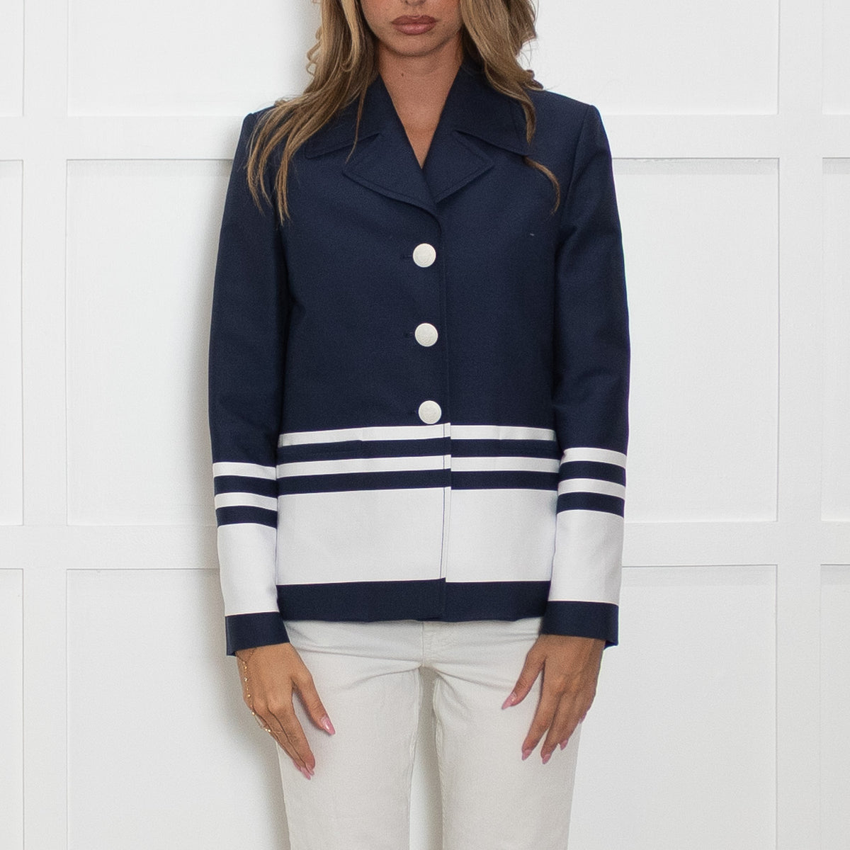 Boutique Moschino Navy Blazer With White Horizontal Stripe And White Buttons