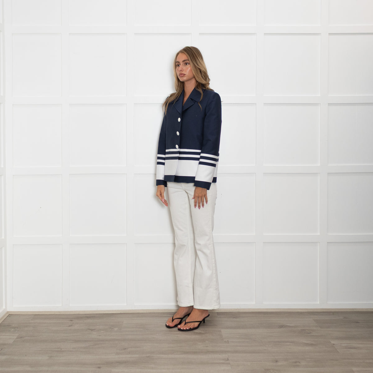 Boutique Moschino Navy Blazer With White Horizontal Stripe And White Buttons