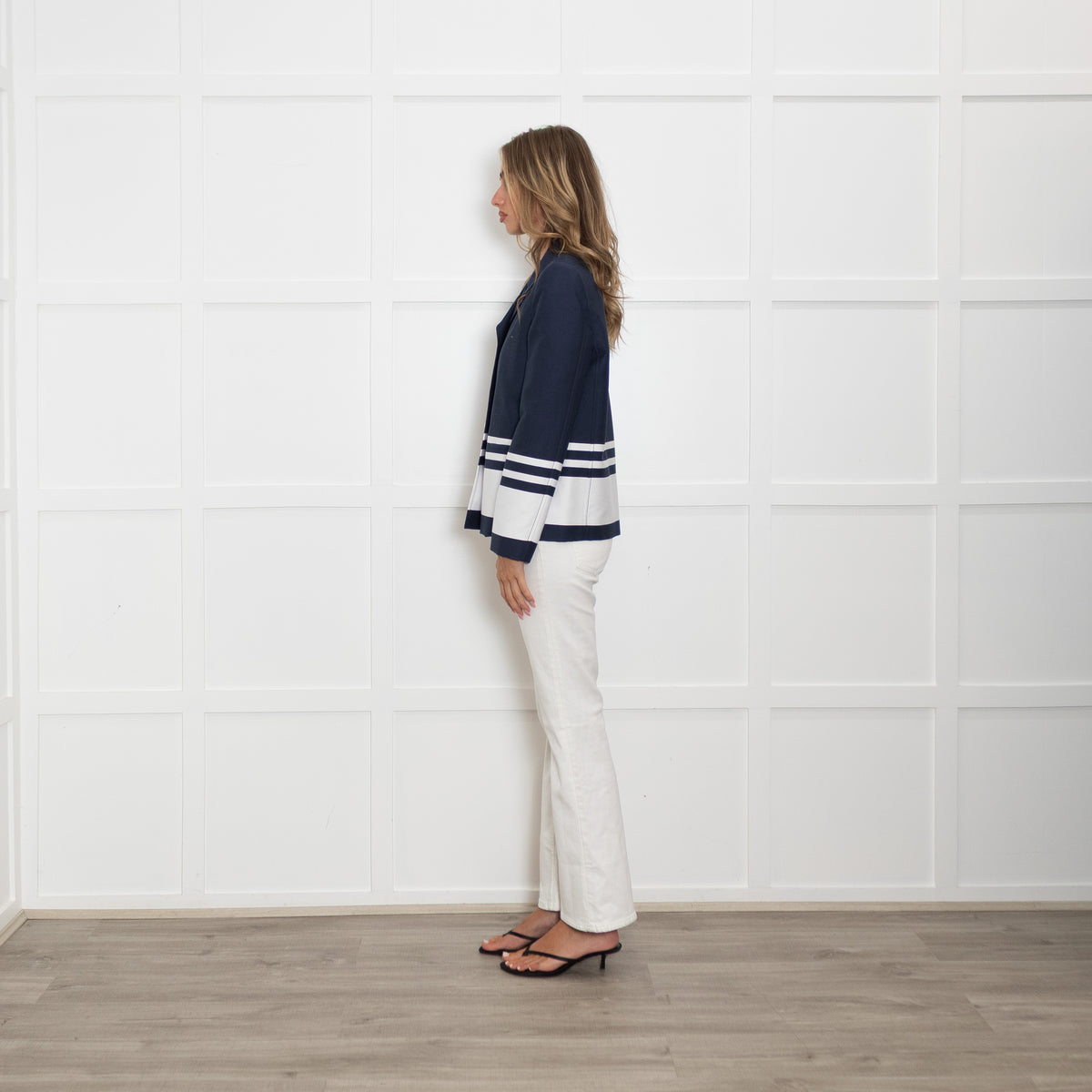 Boutique Moschino Navy Blazer With White Horizontal Stripe And White Buttons