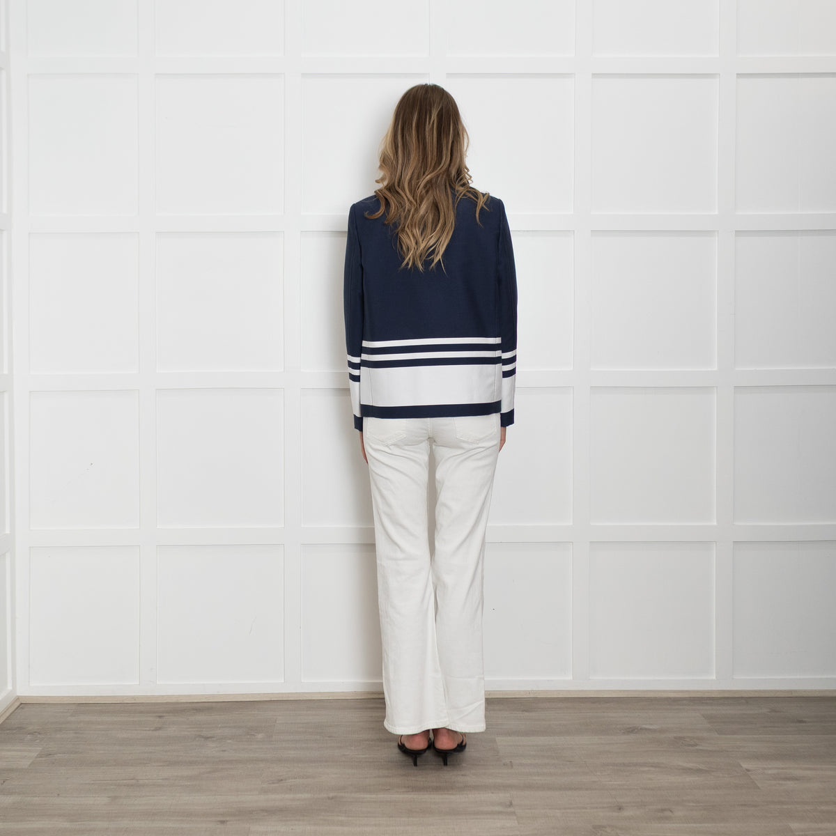 Boutique Moschino Navy Blazer With White Horizontal Stripe And White Buttons