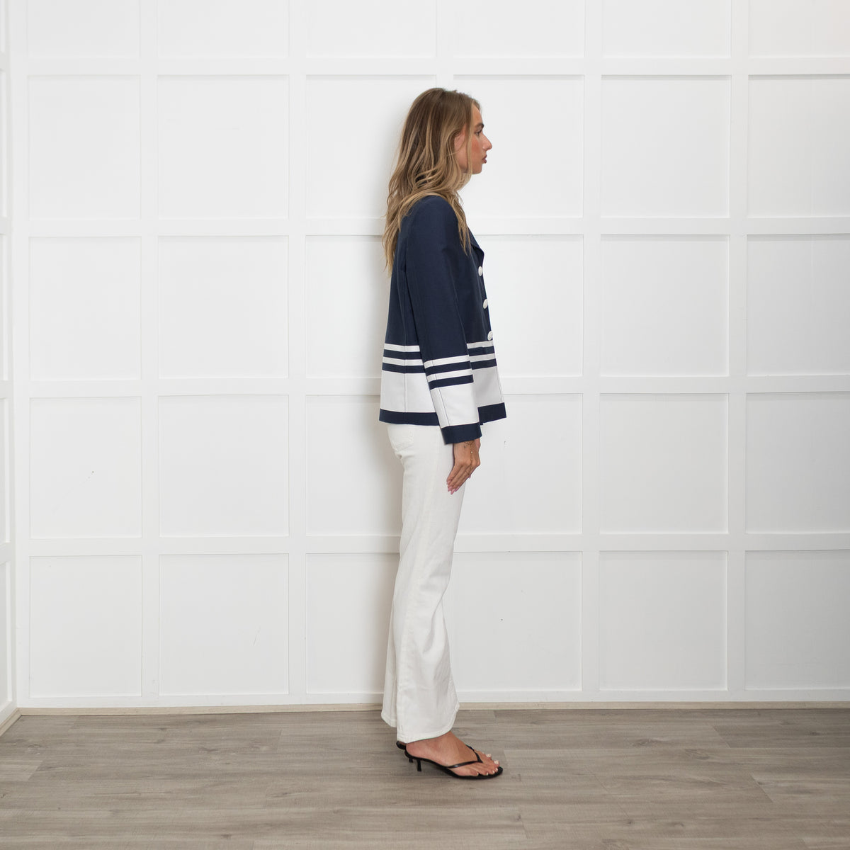 Boutique Moschino Navy Blazer With White Horizontal Stripe And White Buttons