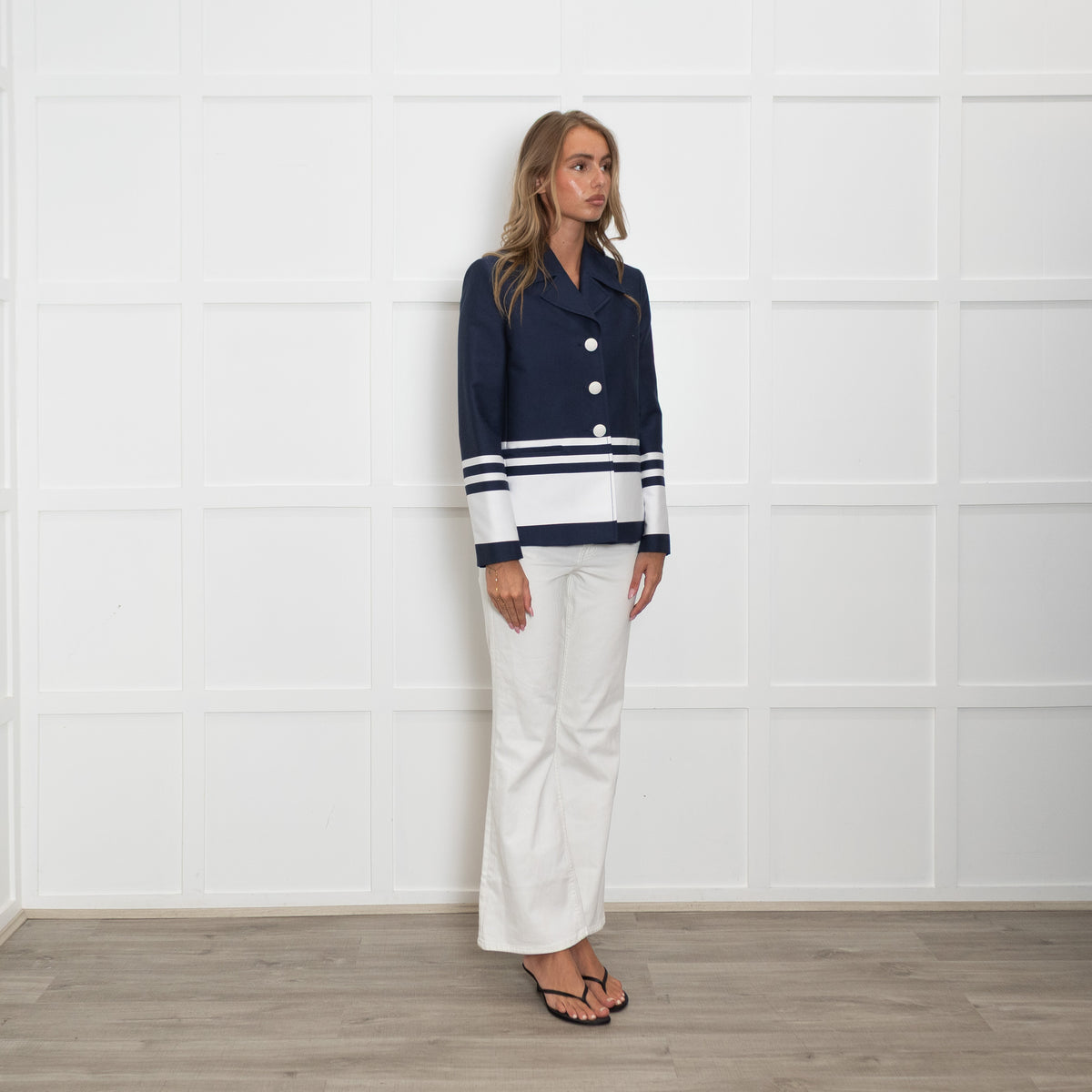 Boutique Moschino Navy Blazer With White Horizontal Stripe And White Buttons