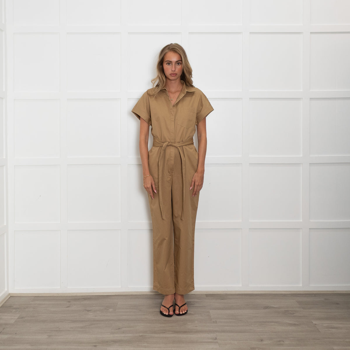 Iris & Ink Camel Cotton Jumpsuit with Belted Waist
