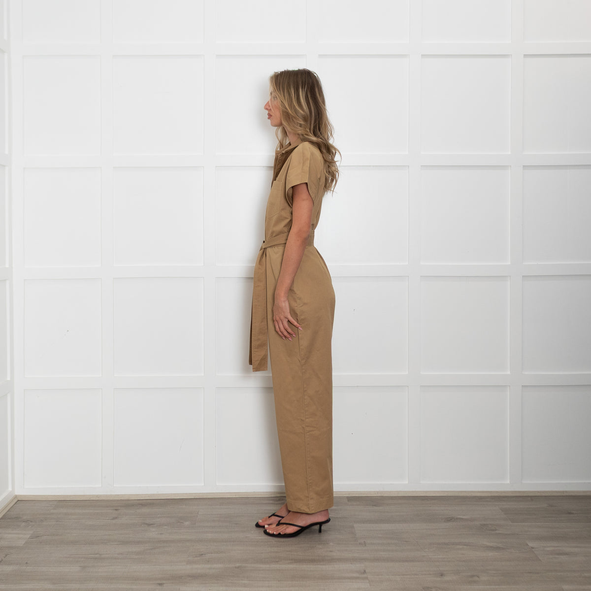 Iris & Ink Camel Cotton Jumpsuit with Belted Waist
