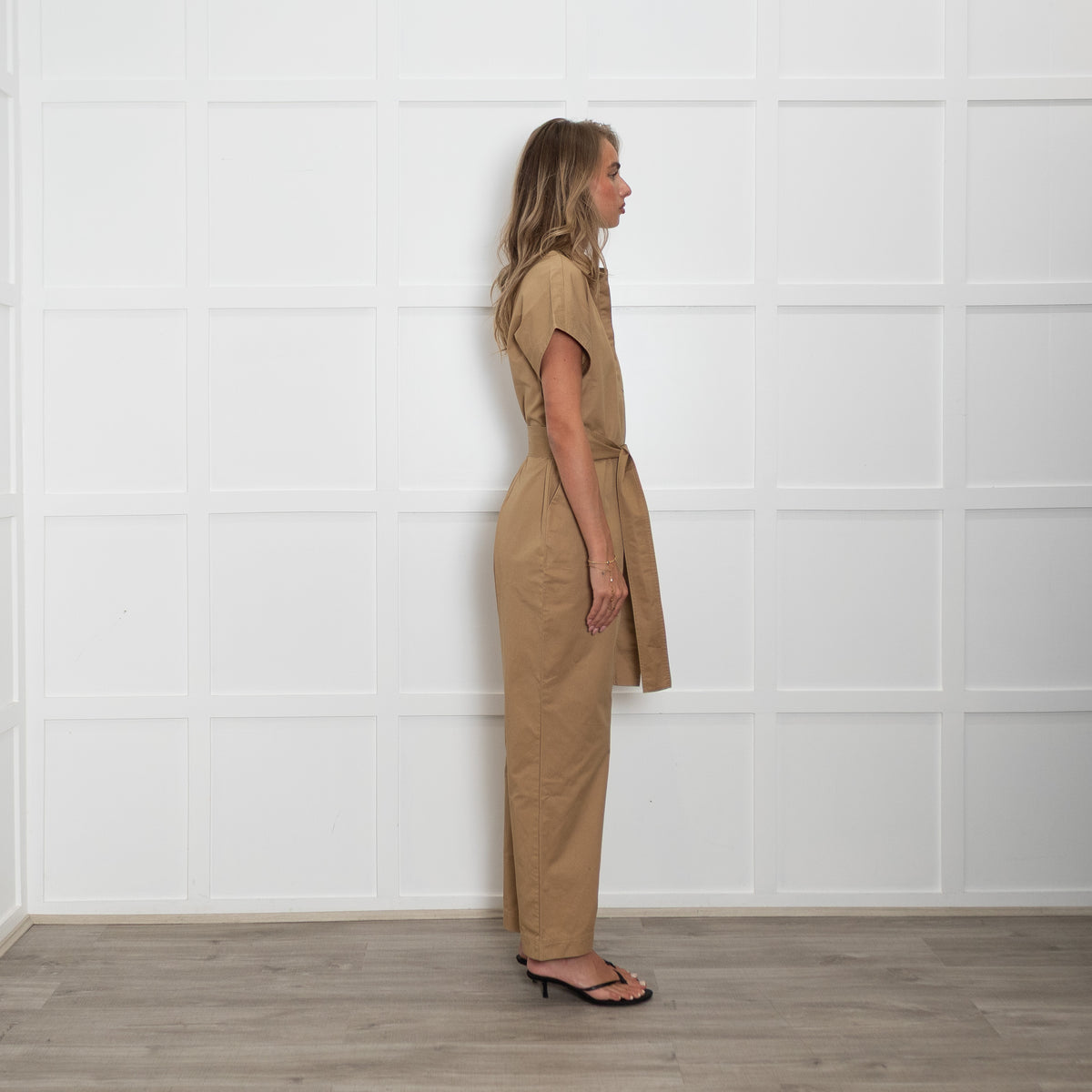 Iris & Ink Camel Cotton Jumpsuit with Belted Waist