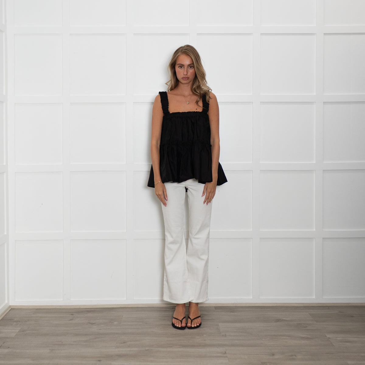 Devotion Twins Black Tiered Ruched Shoulder Top