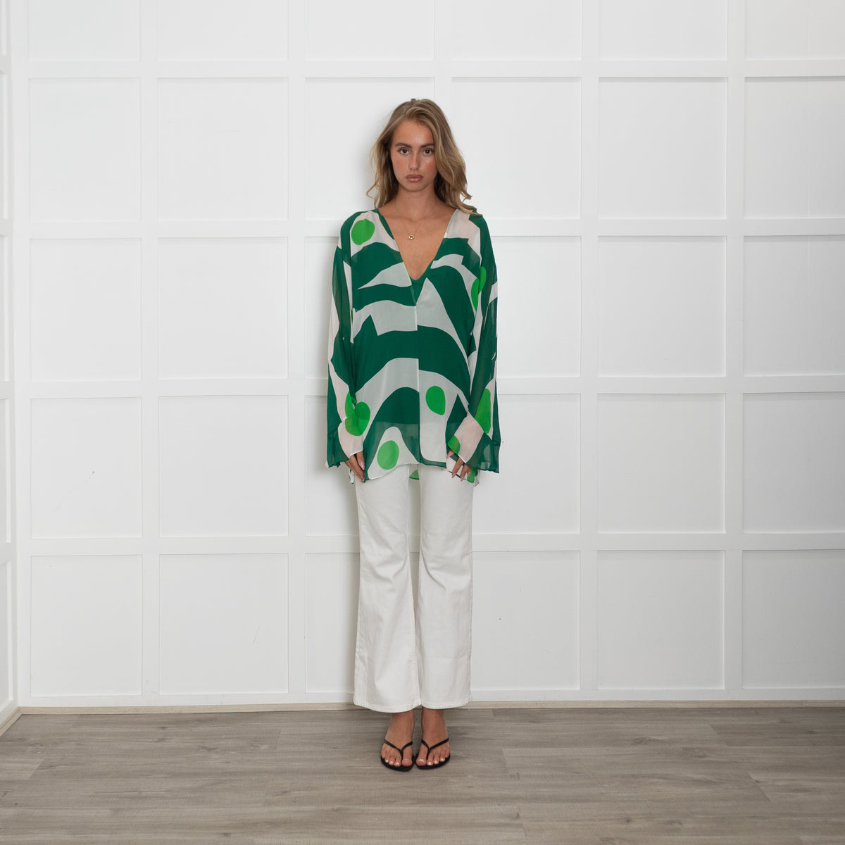Max Mara Studio White Green Print Silk Top