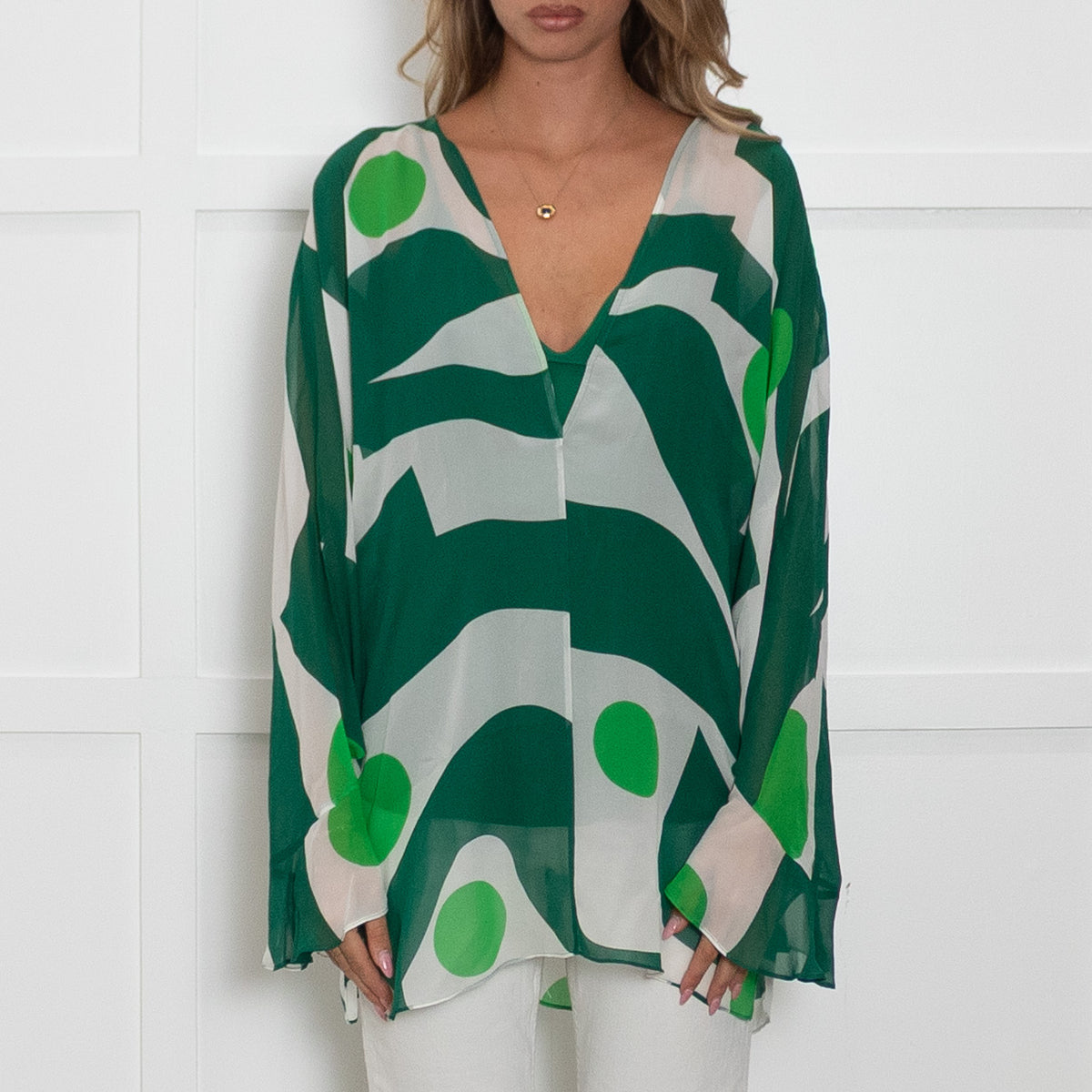 Max Mara Studio White Green Print Silk Top