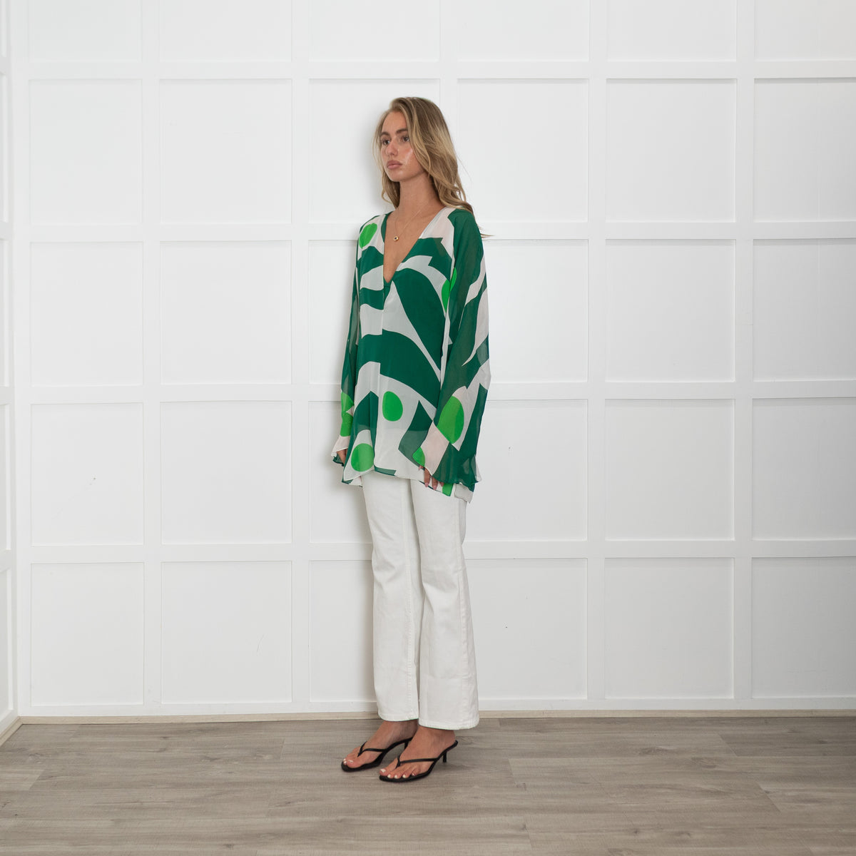 Max Mara Studio White Green Print Silk Top