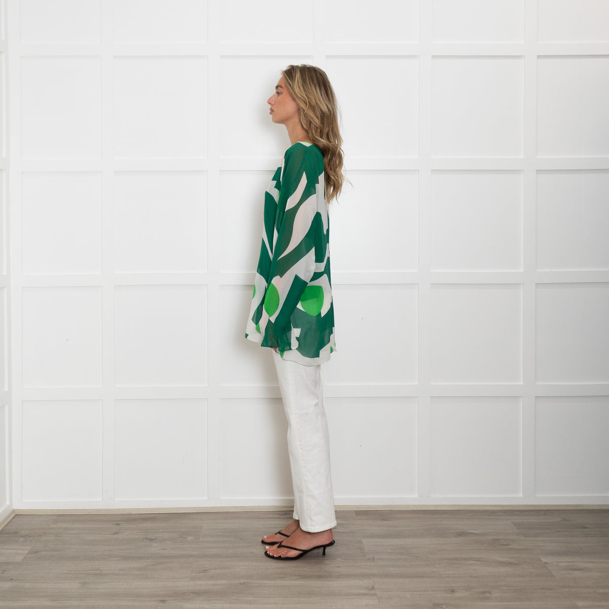 Max Mara Studio White Green Print Silk Top
