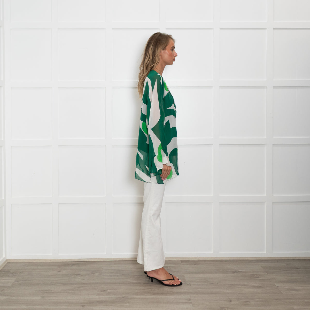 Max Mara Studio White Green Print Silk Top