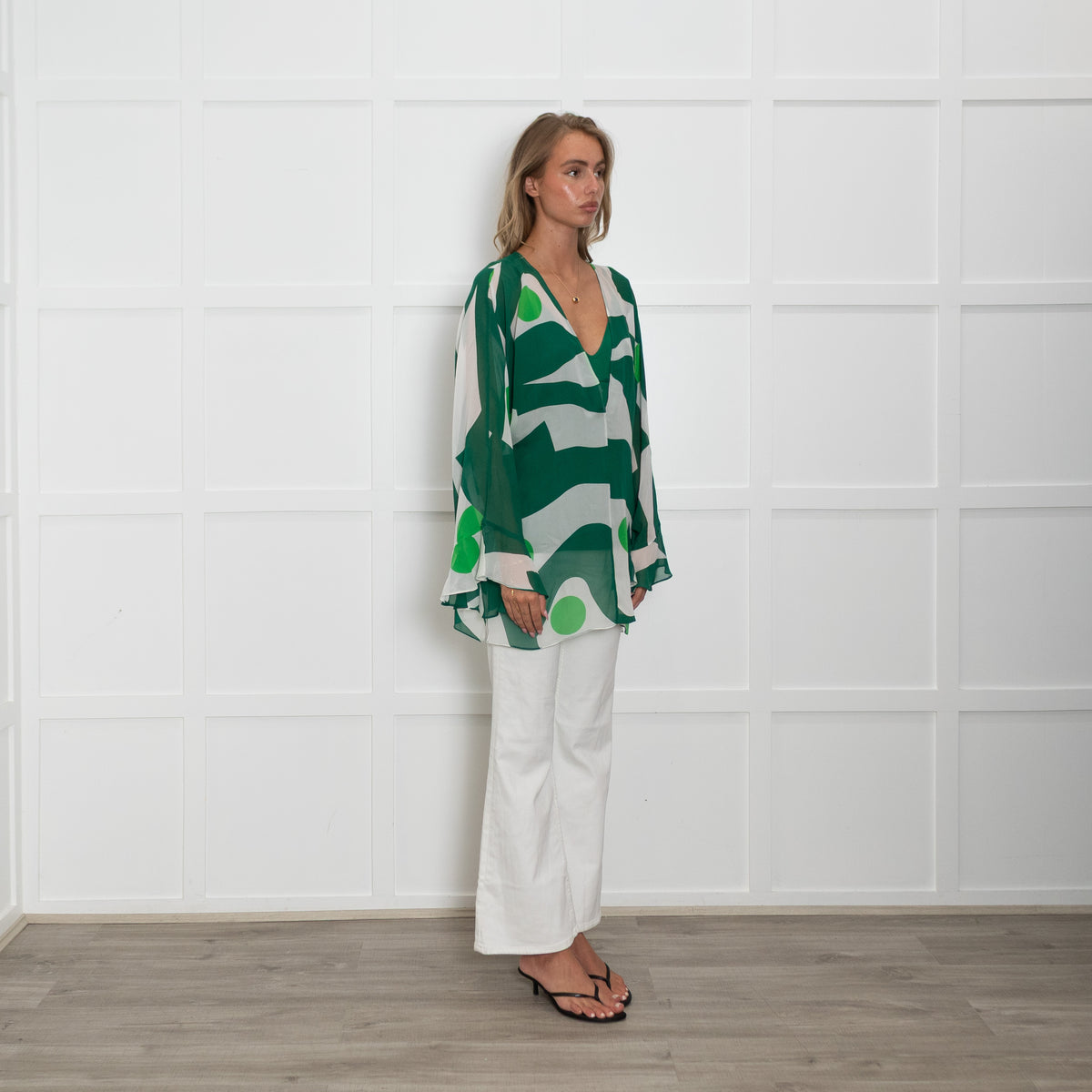 Max Mara Studio White Green Print Silk Top
