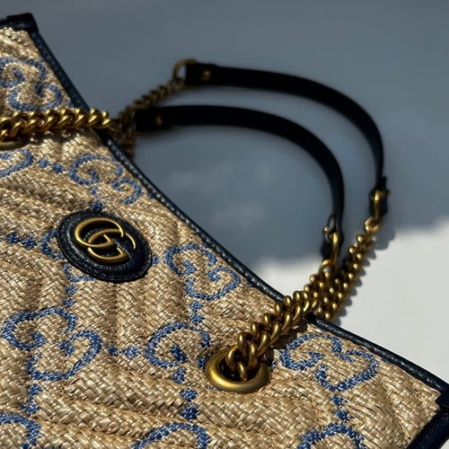 Gucci GG Marmont Leather-Trim Monogrammed Woven Tote