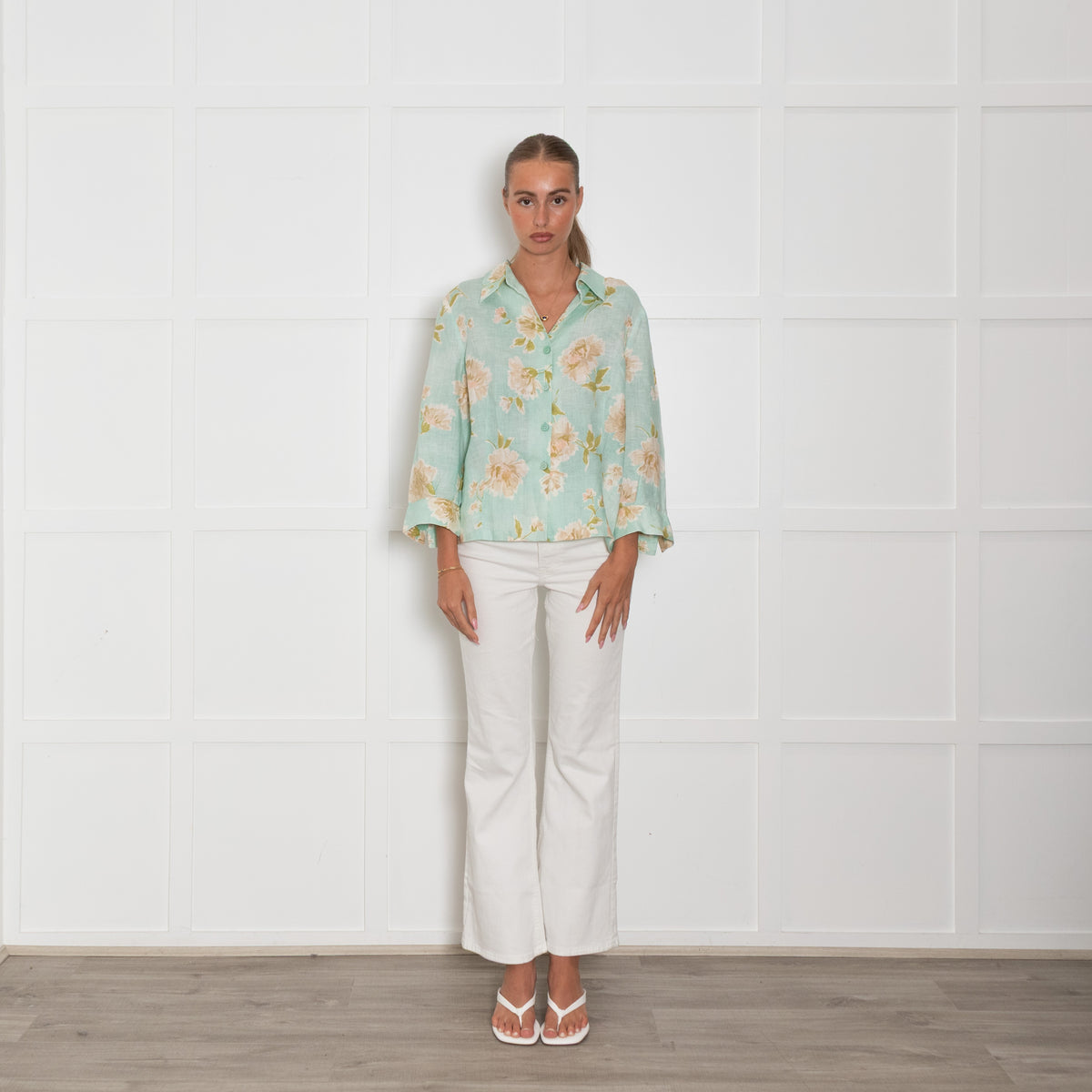 Luisa Spagnoli Turquoise Beige Floral Linen Shirt