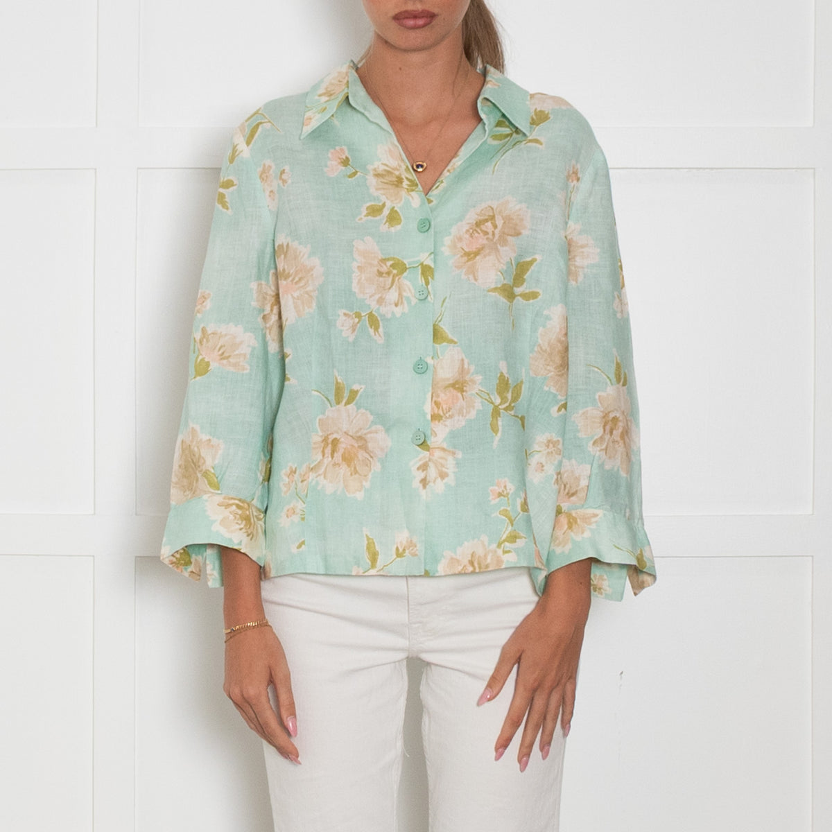 Luisa Spagnoli Turquoise Beige Floral Linen Shirt
