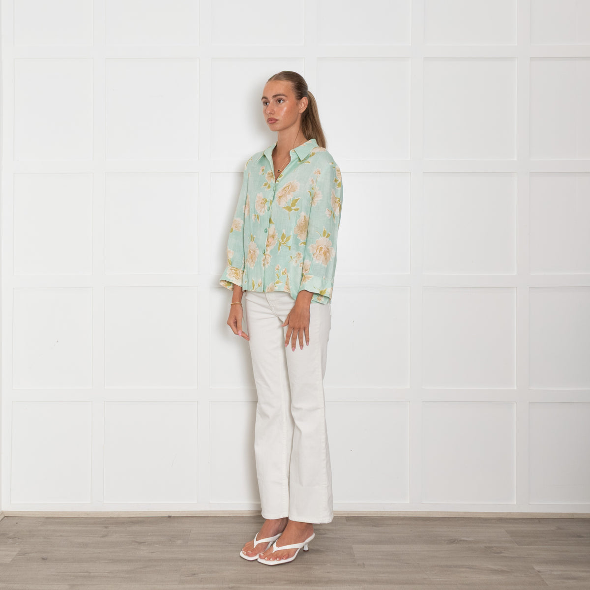 Luisa Spagnoli Turquoise Beige Floral Linen Shirt