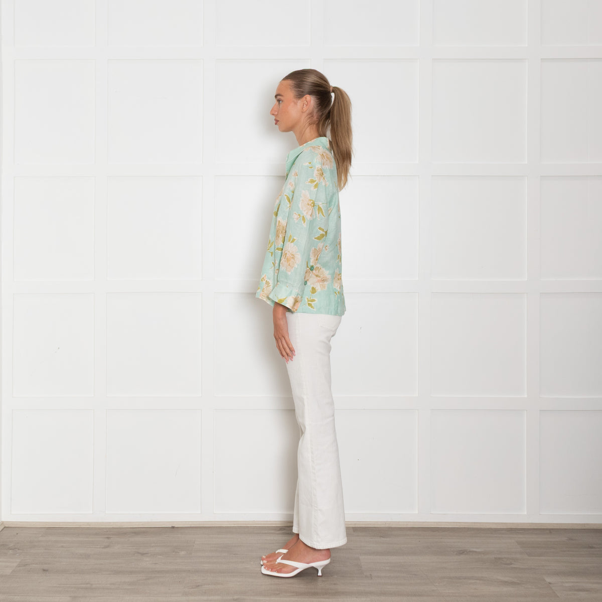 Luisa Spagnoli Turquoise Beige Floral Linen Shirt