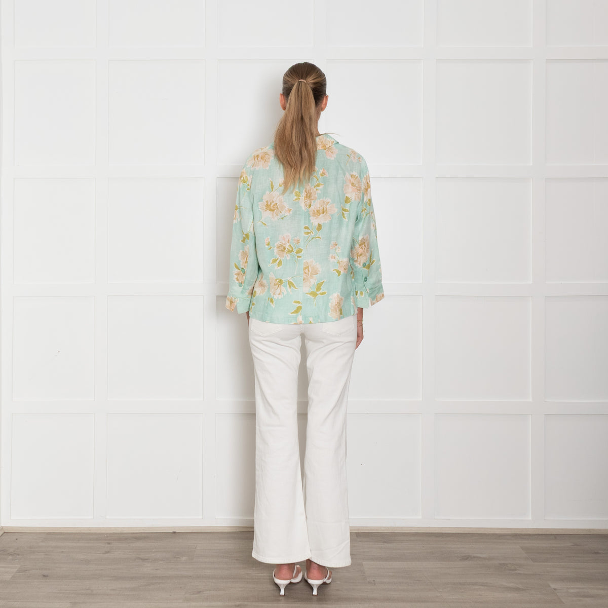 Luisa Spagnoli Turquoise Beige Floral Linen Shirt