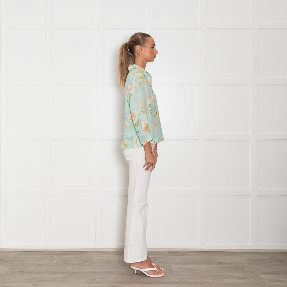 Luisa Spagnoli Turquoise Beige Floral Linen Shirt