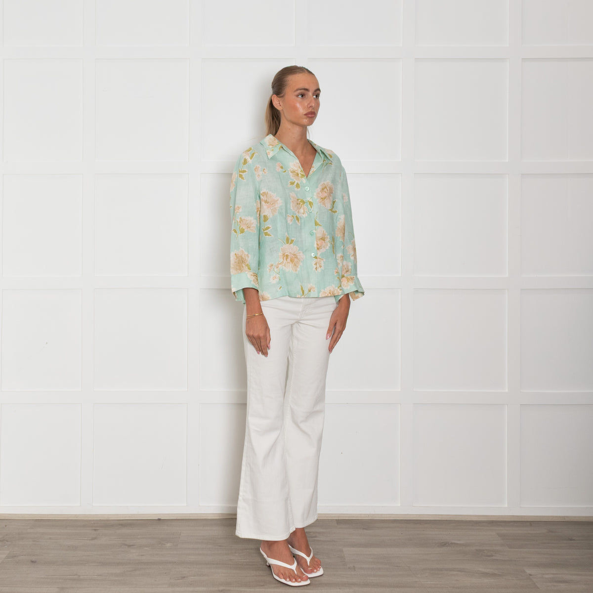 Luisa Spagnoli Turquoise Beige Floral Linen Shirt