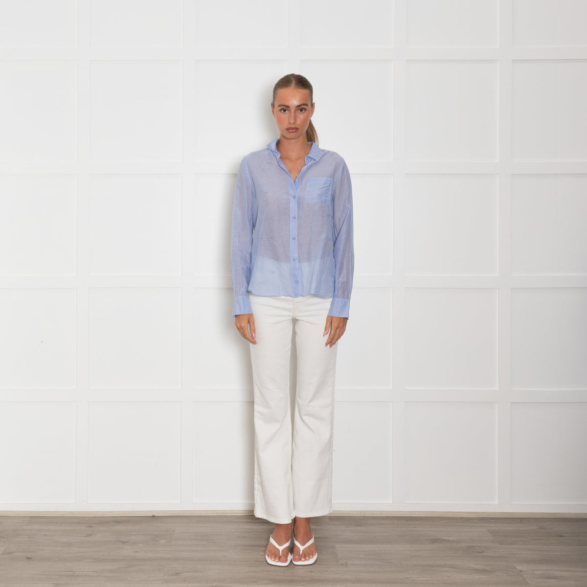 Me + Em Blue Cotton Silk Blend Button Up Shirt