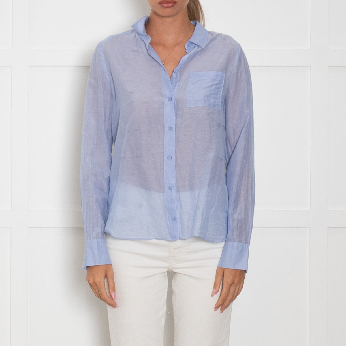 Me + Em Blue Cotton Silk Blend Button Up Shirt