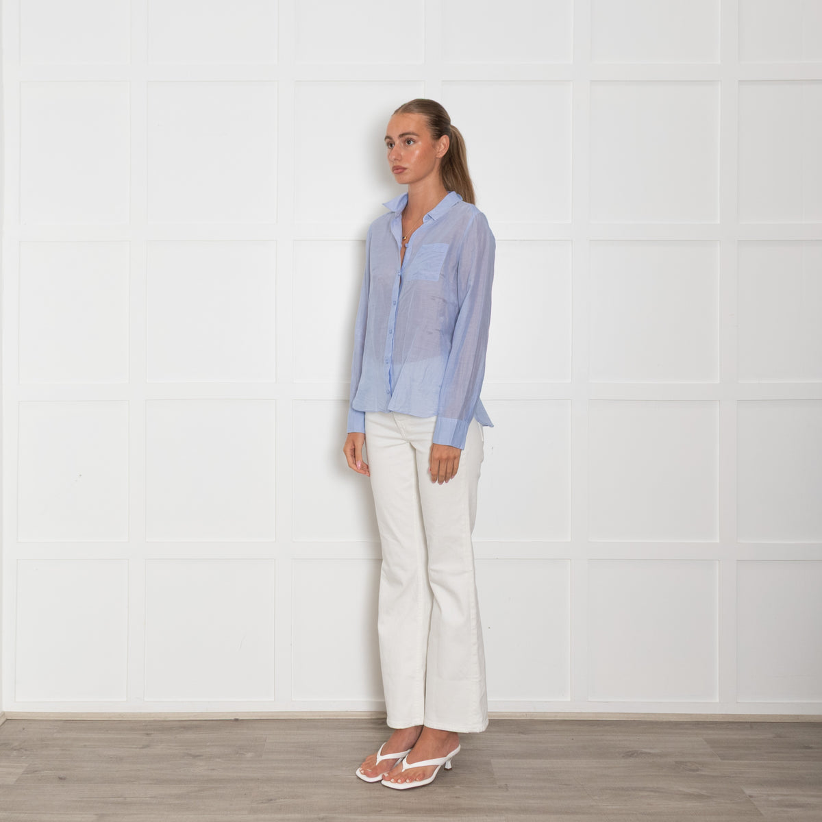 Me + Em Blue Cotton Silk Blend Button Up Shirt