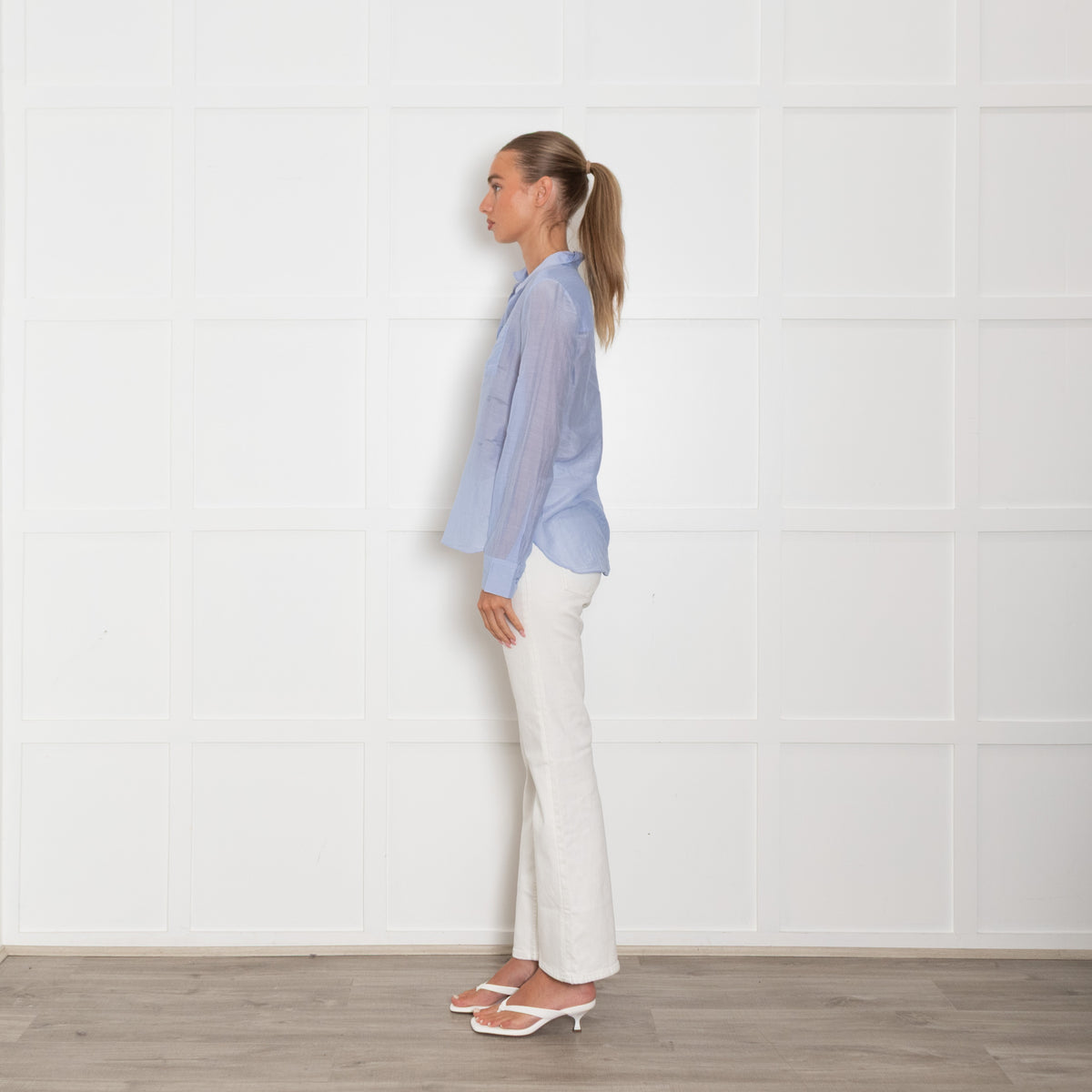 Me + Em Blue Cotton Silk Blend Button Up Shirt