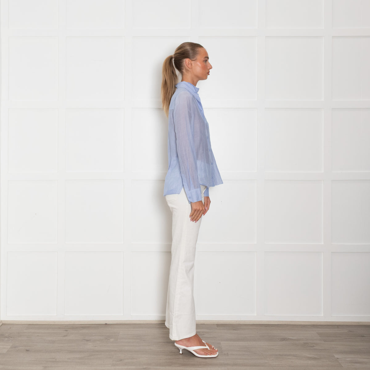 Me + Em Blue Cotton Silk Blend Button Up Shirt