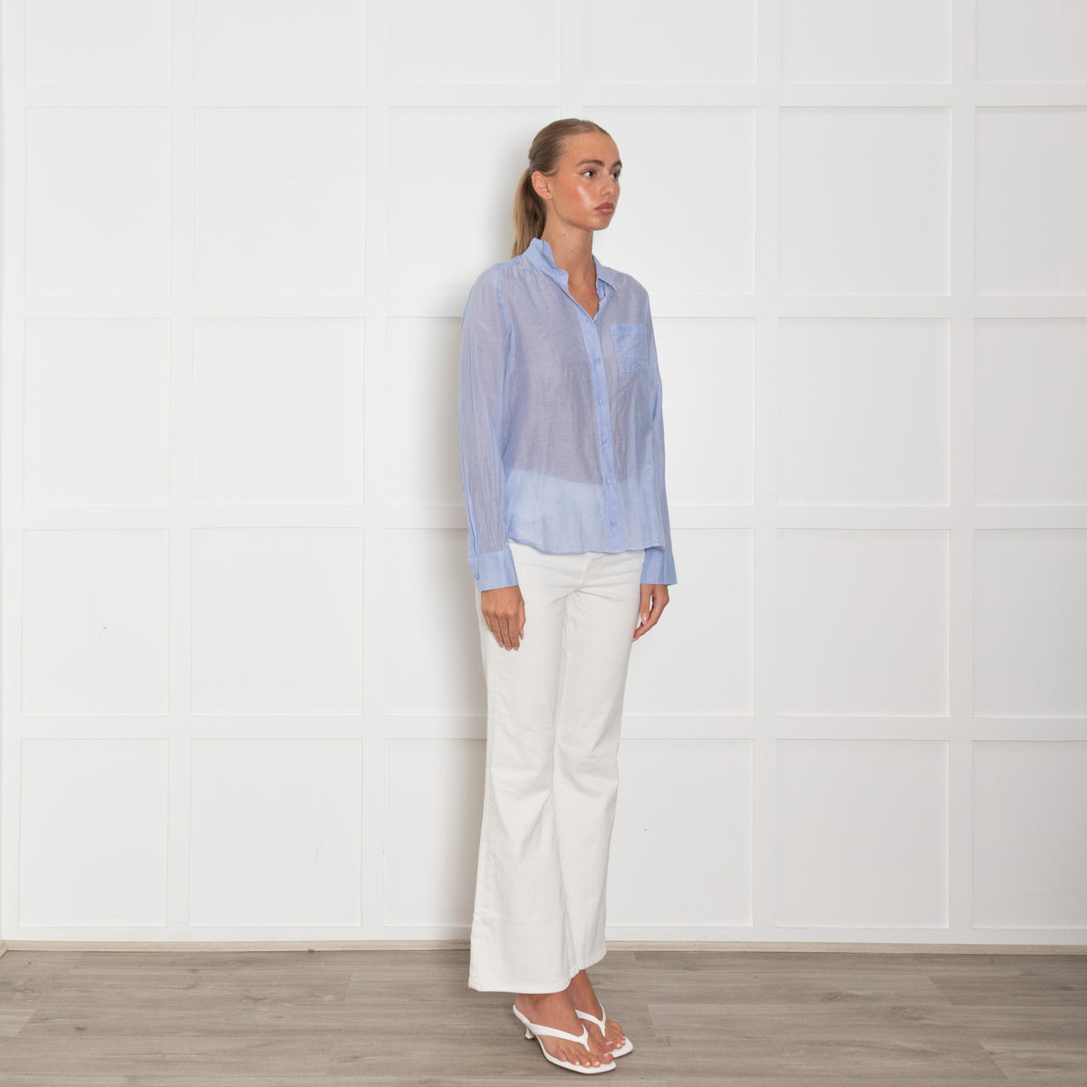 Me + Em Blue Cotton Silk Blend Button Up Shirt