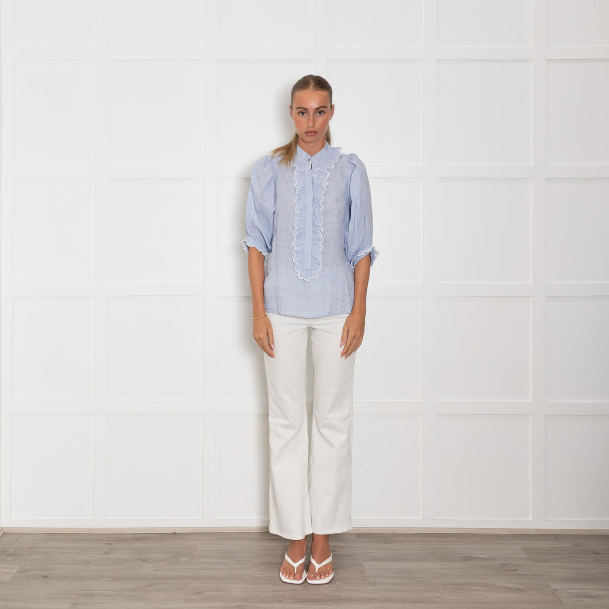 Seraphina Pale Blue Cotton Scallop Trim Short Sleeve Top