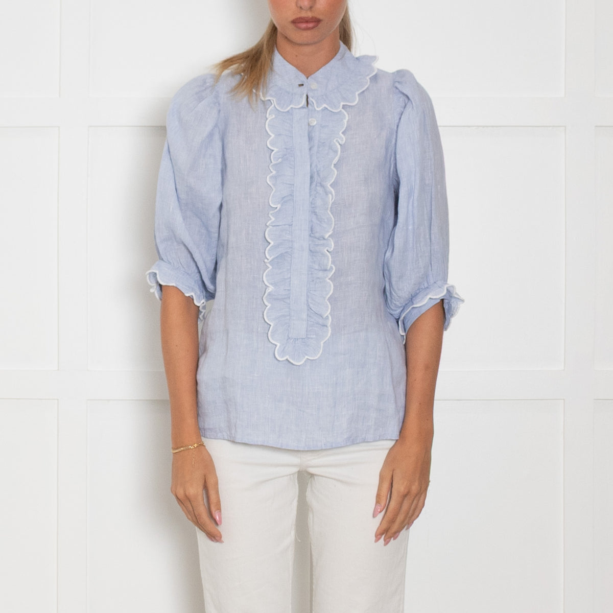 Seraphina Pale Blue Cotton Scallop Trim Short Sleeve Top
