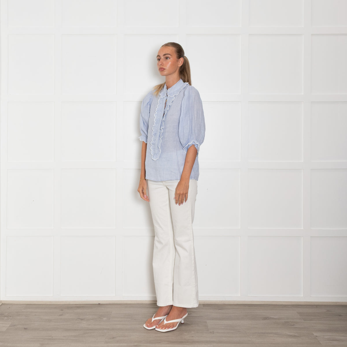 Seraphina Pale Blue Cotton Scallop Trim Short Sleeve Top