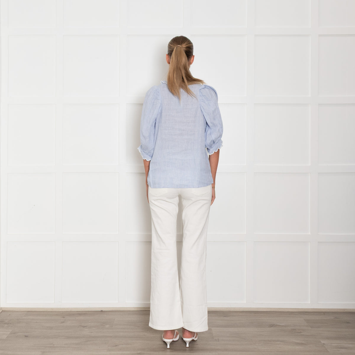Seraphina Pale Blue Cotton Scallop Trim Short Sleeve Top