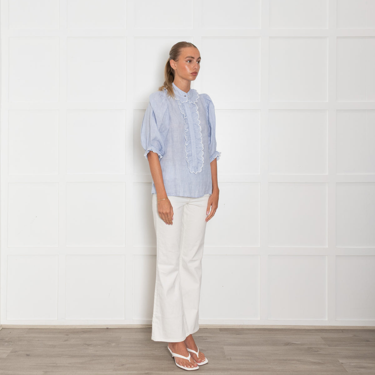 Seraphina Pale Blue Cotton Scallop Trim Short Sleeve Top