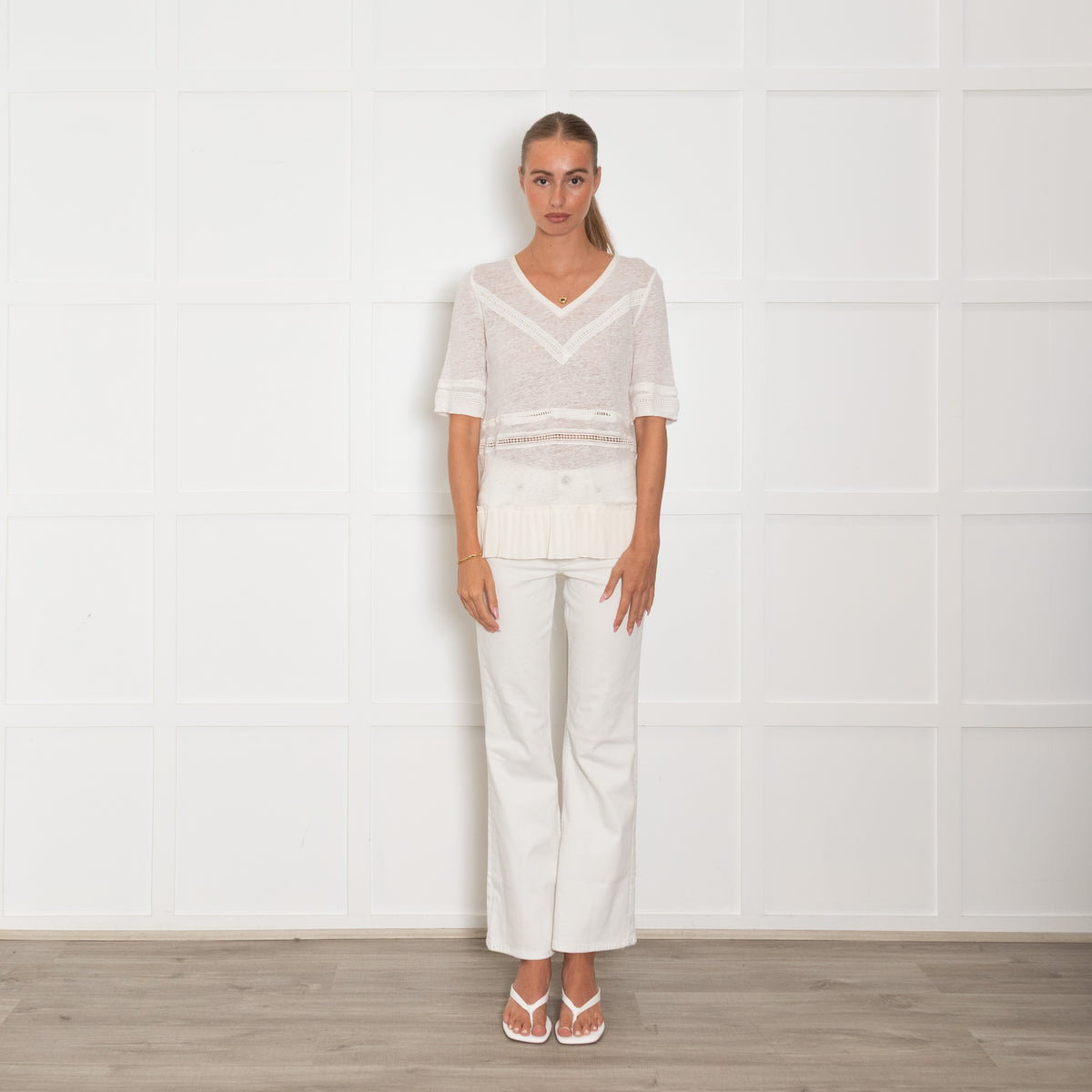 Patrizia Pepe Cream Linen Pleated Trim Short Sleeve Top