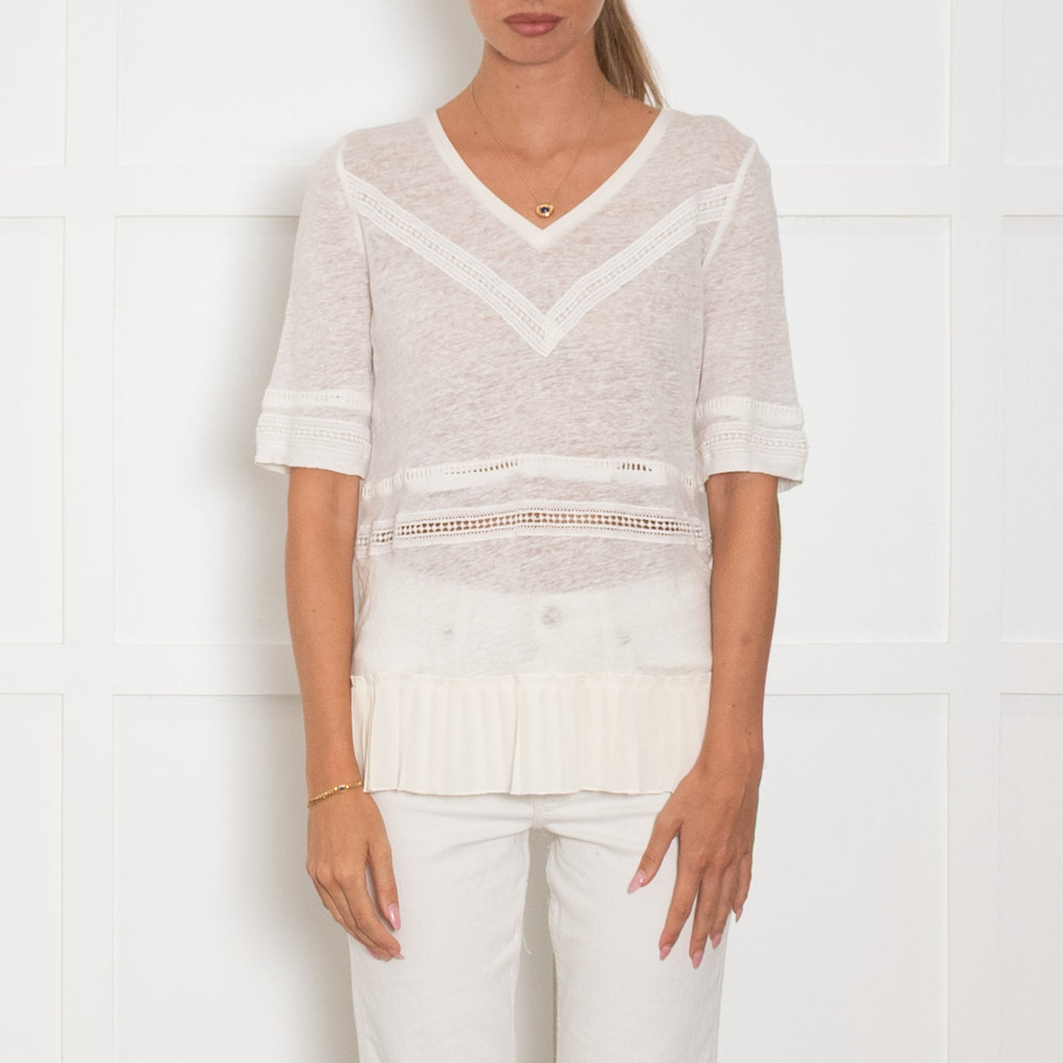 Patrizia Pepe Cream Linen Pleated Trim Short Sleeve Top