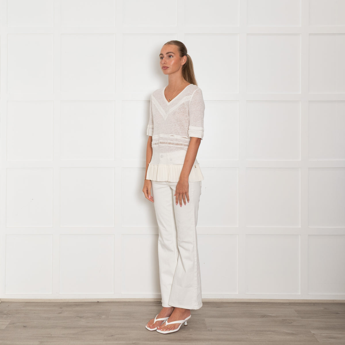 Patrizia Pepe Cream Linen Pleated Trim Short Sleeve Top