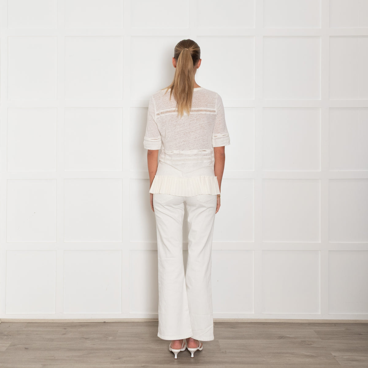 Patrizia Pepe Cream Linen Pleated Trim Short Sleeve Top