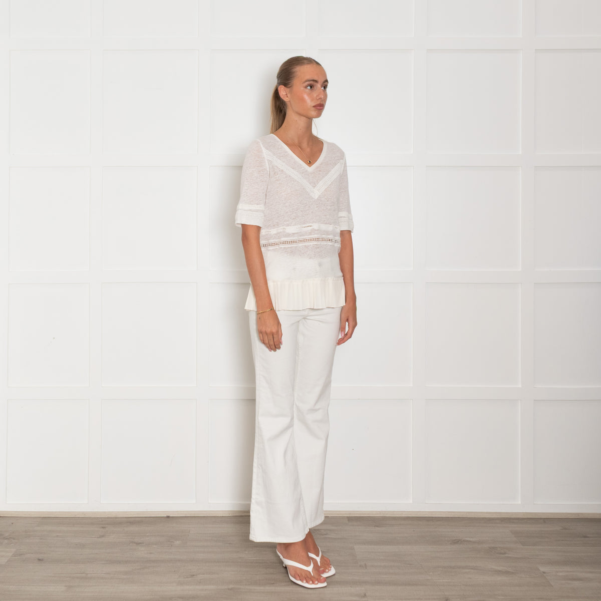 Patrizia Pepe Cream Linen Pleated Trim Short Sleeve Top