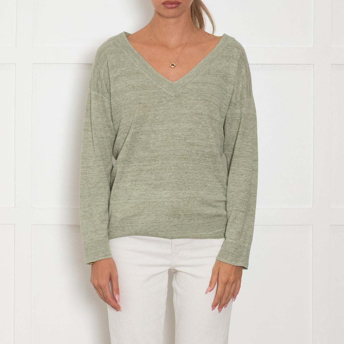 Brora Khaki Linen V-Neck Fine Sweater