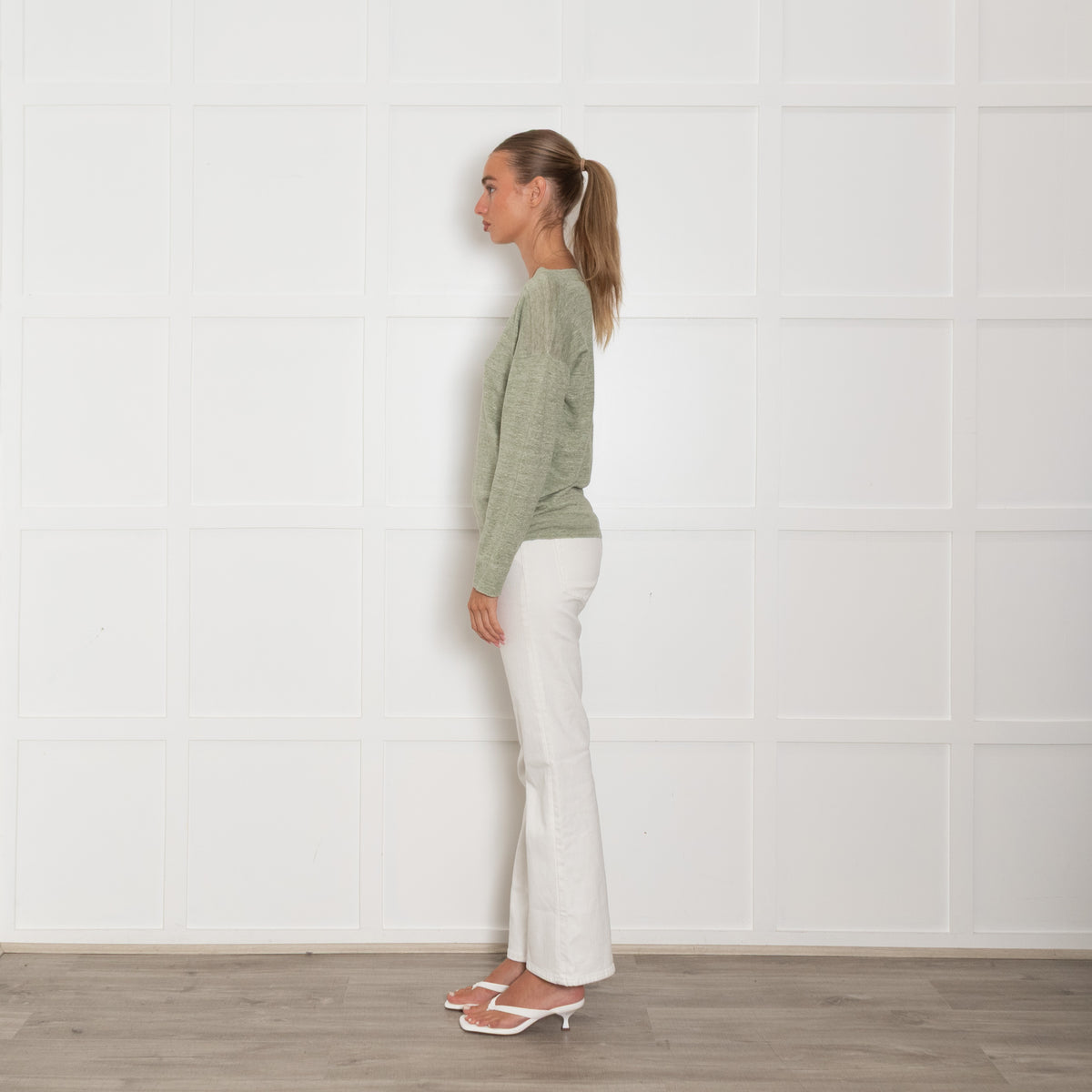 Brora Khaki Linen V-Neck Fine Sweater