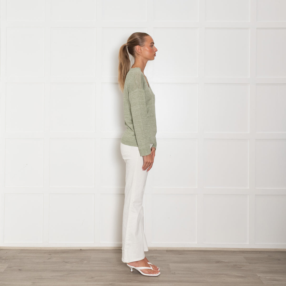 Brora Khaki Linen V-Neck Fine Sweater