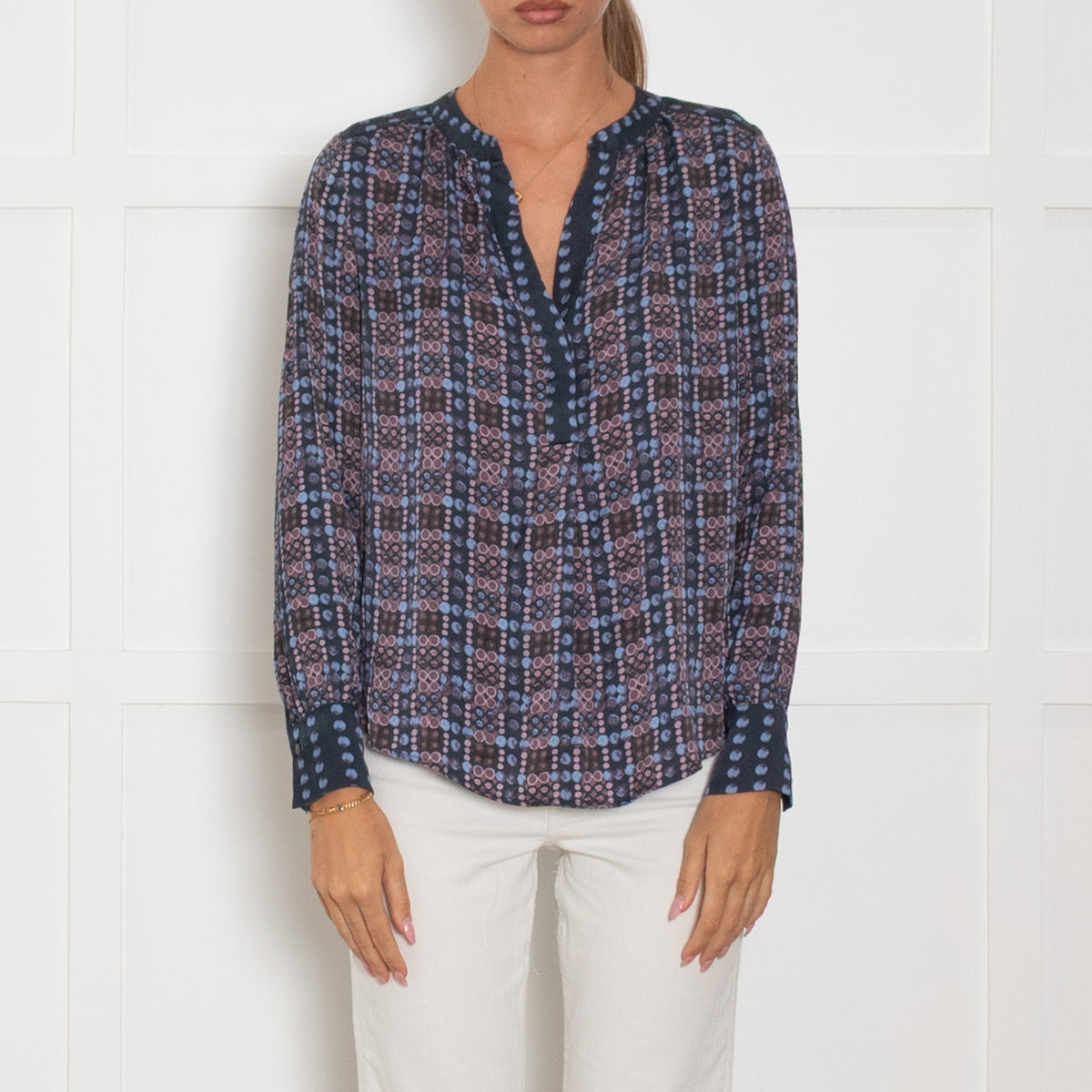Dea Kudibal Navy Purple Circle Print Silk Long Sleeve Top