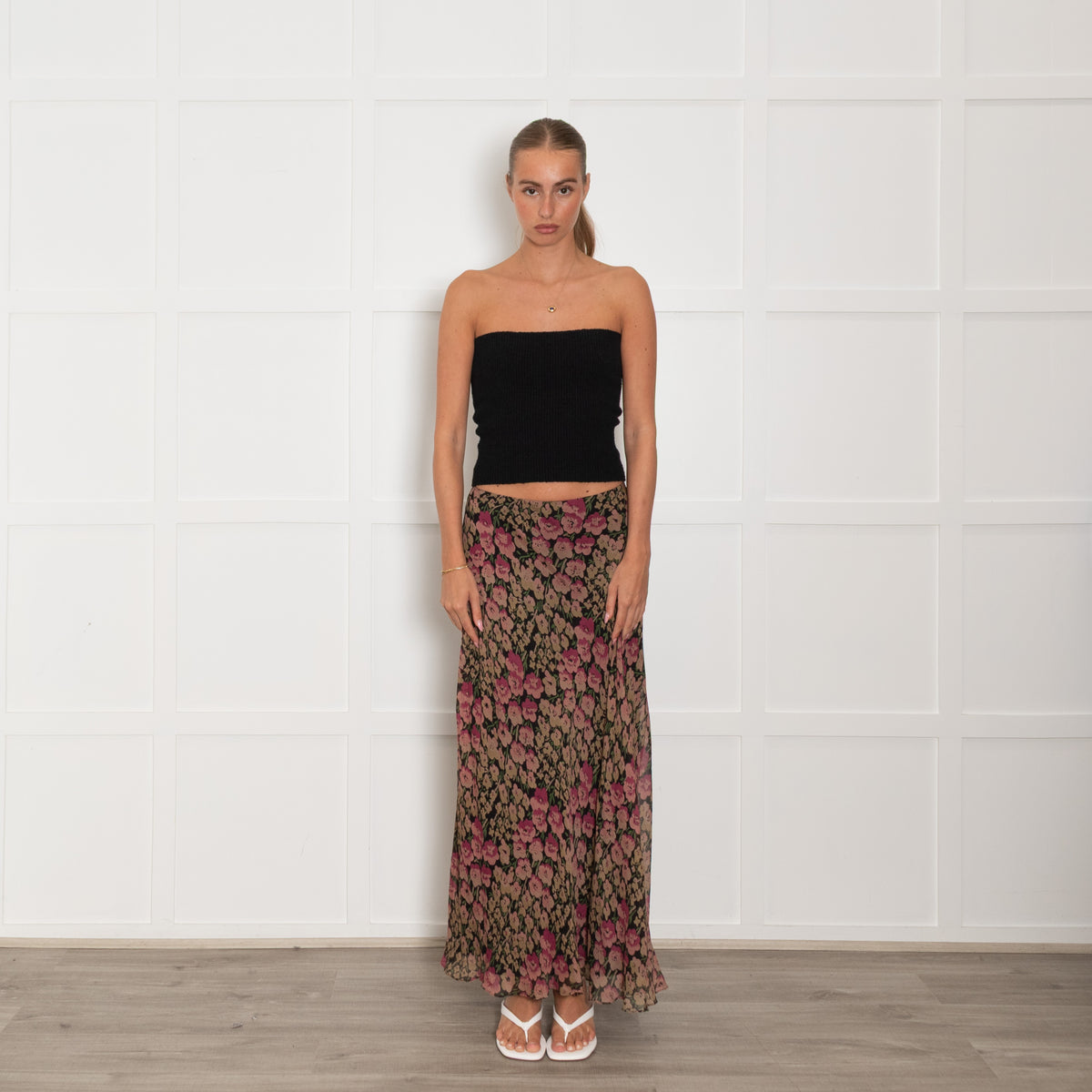 Polo Ralph Lauren Black Beige Floral Maxi Skirt