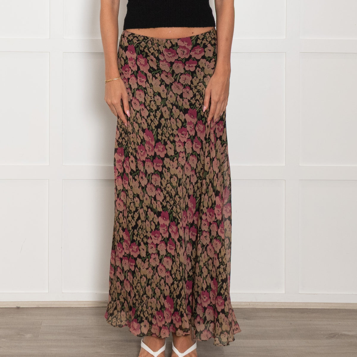 Polo Ralph Lauren Black Beige Floral Maxi Skirt