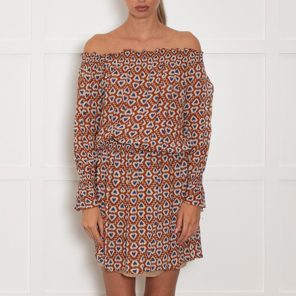 Luisa Spagnoli White Rust Blue Floral Elasticated Waist Mini Dress