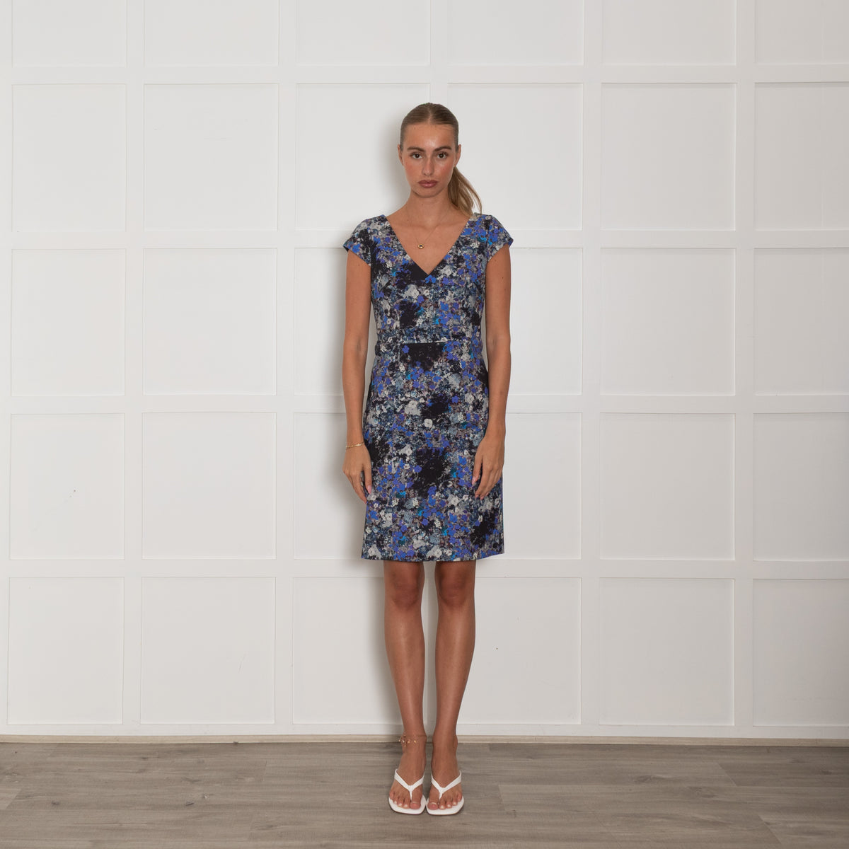 Erdem Black Blue Cream Floral Short Sleeve Cotton Blend  Dress