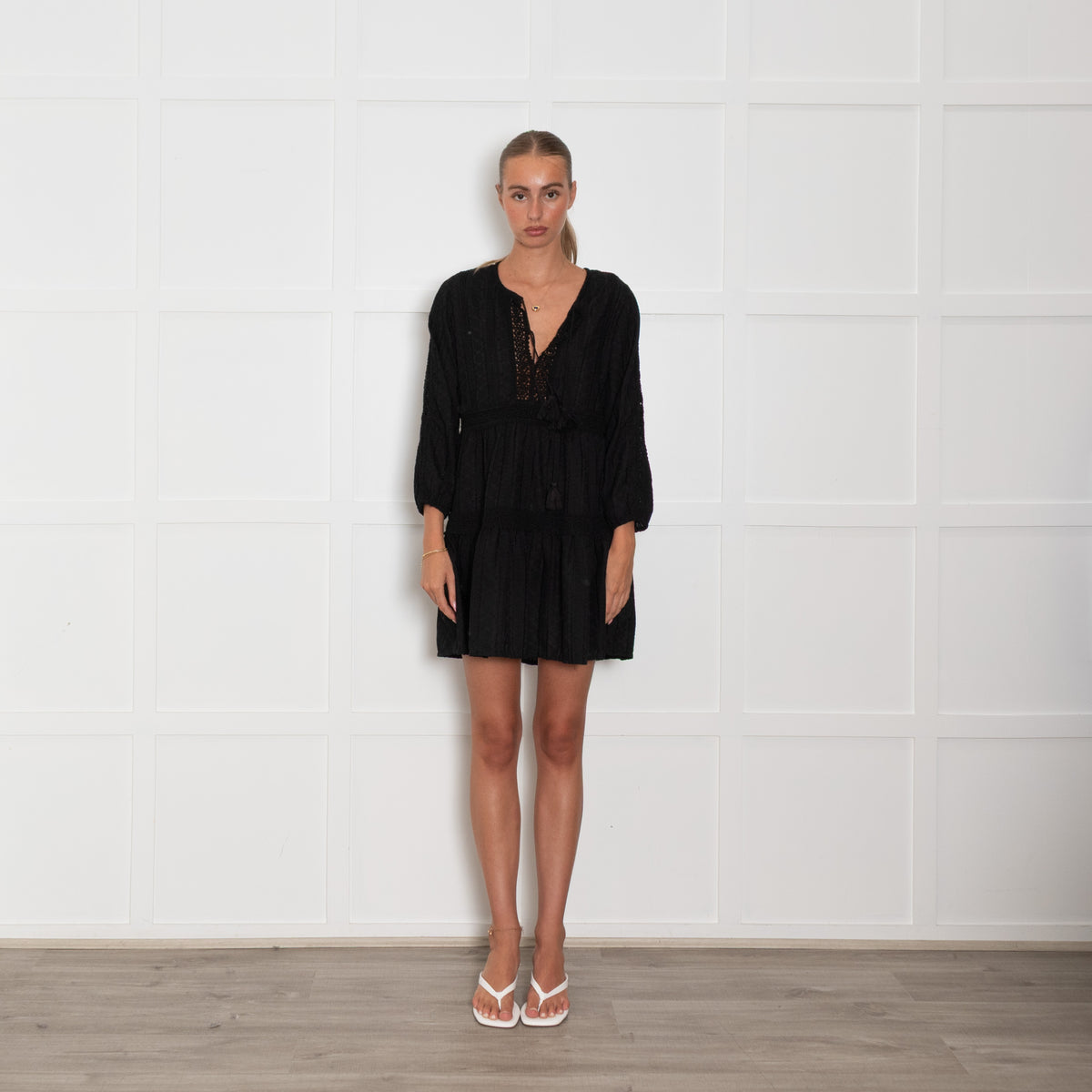Melissa Odabash Black Embroidered Short Kaftan Dress