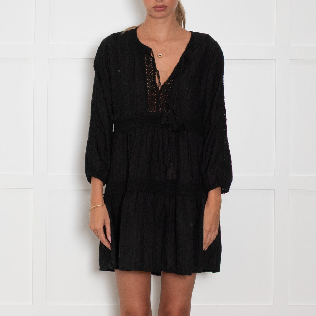 Melissa Odabash Black Embroidered Short Kaftan Dress